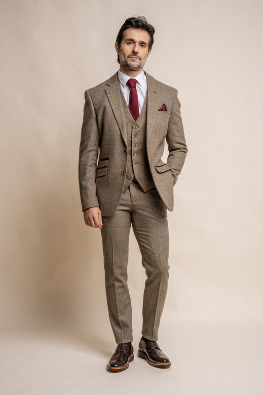 Gaston Sage Tweed 3 Piece Wedding Suit