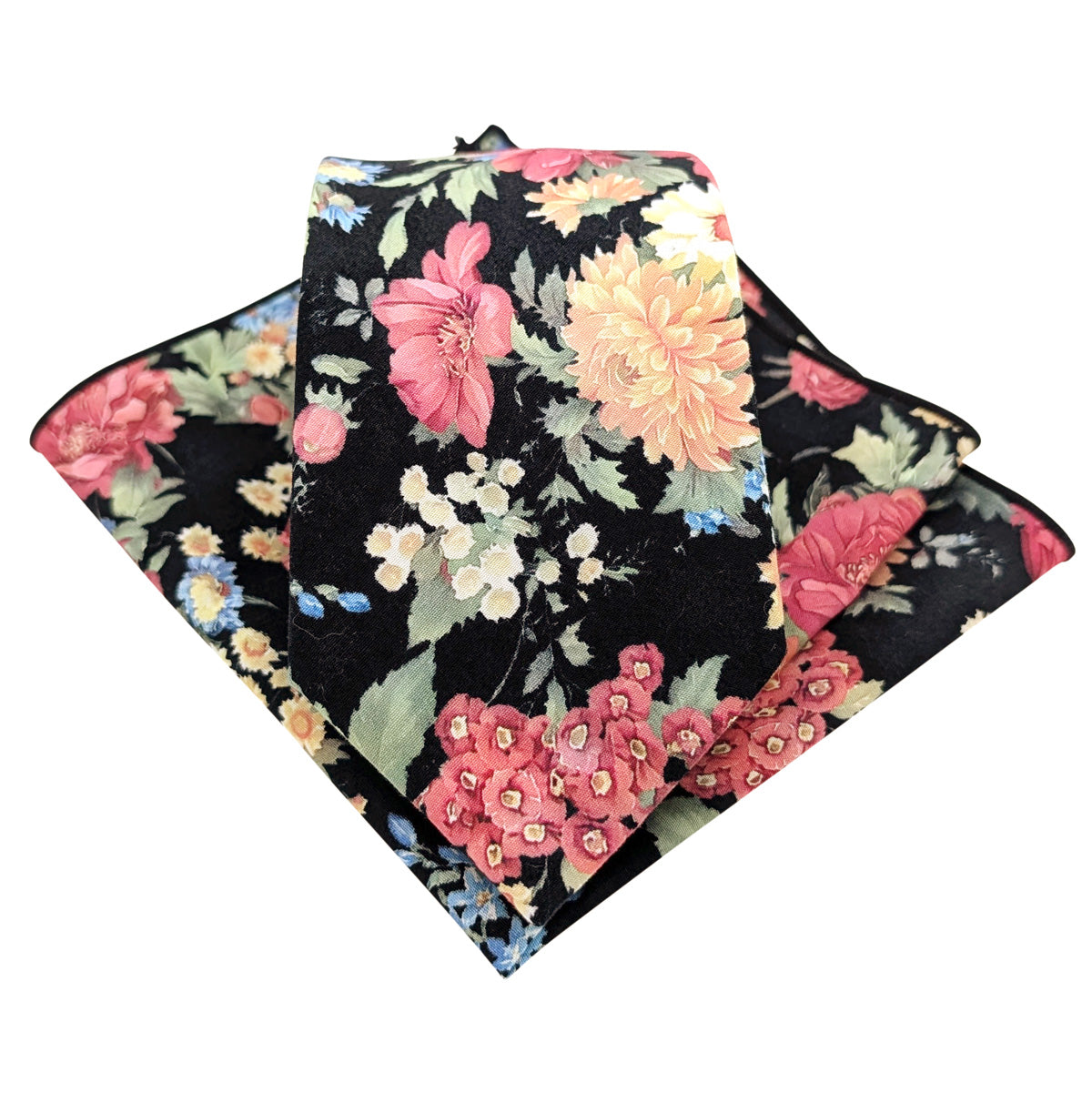 Black-Large-Floral-Cotton-tie-and-pocket-square-set