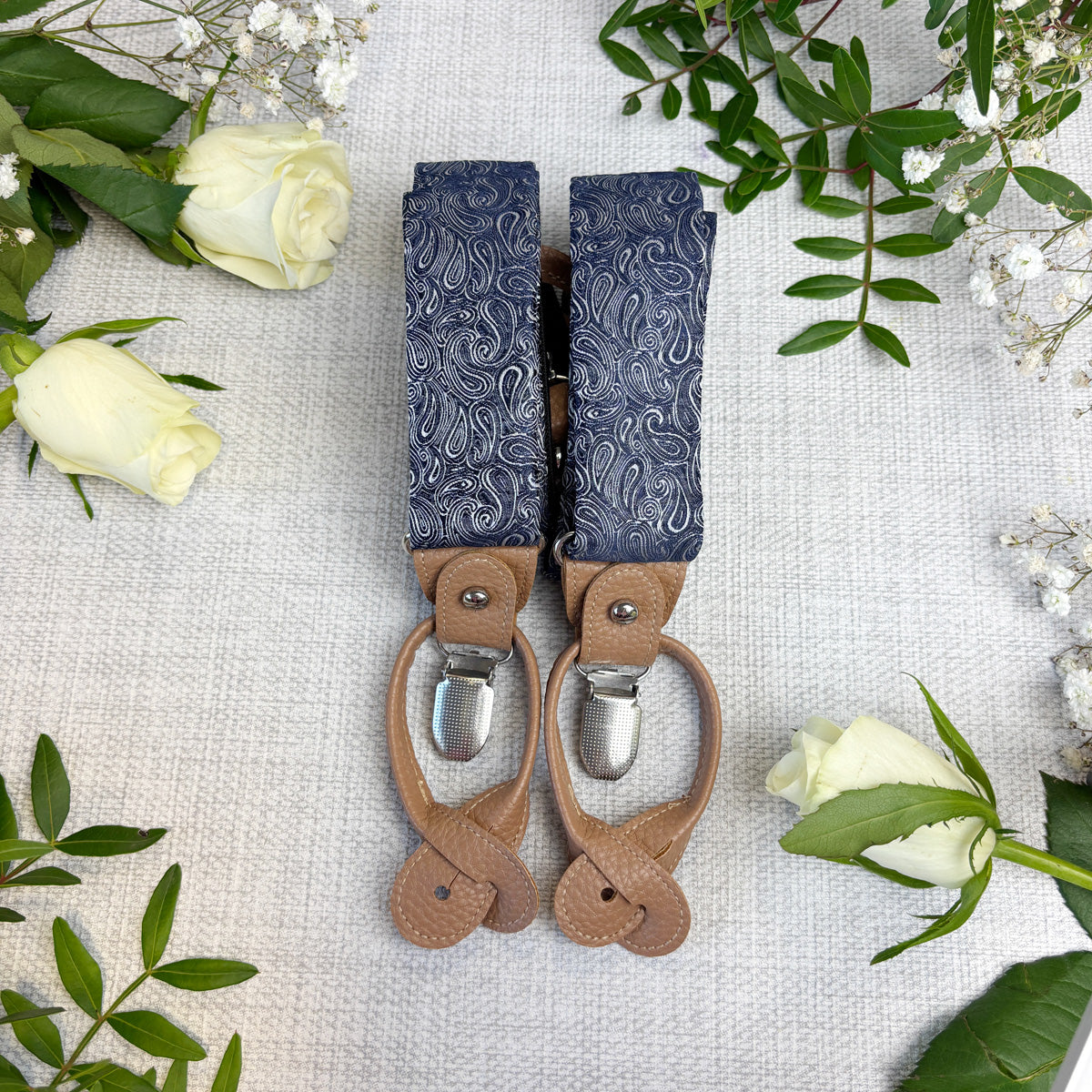 Navy Paisley Braces with clips and button loops