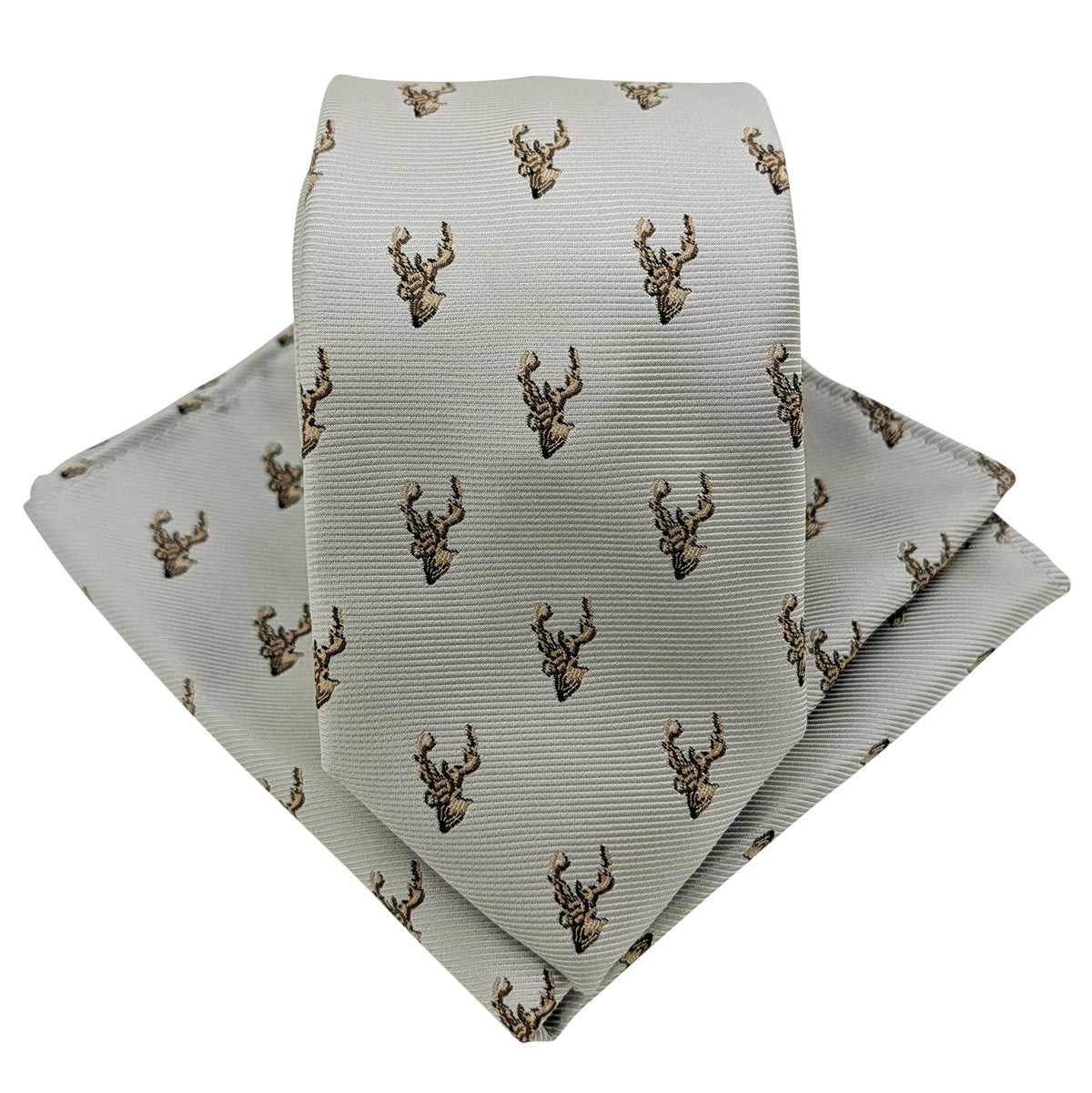 Pearl Grey Stags Wedding Tie and Pocket Square