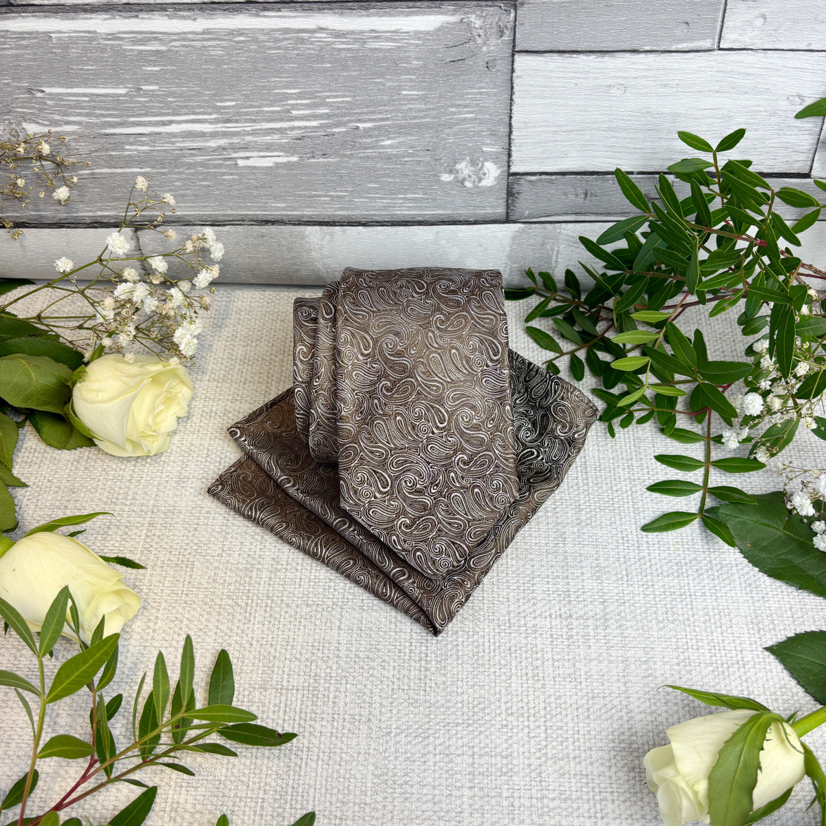 Walnut Paisley Wedding Tie and Matching Pocket Square