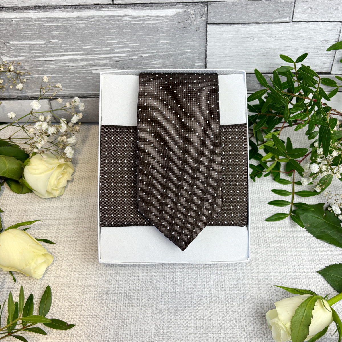 Walnut Pin Dots Wedding Tie and Pocket Square in a white presentation box