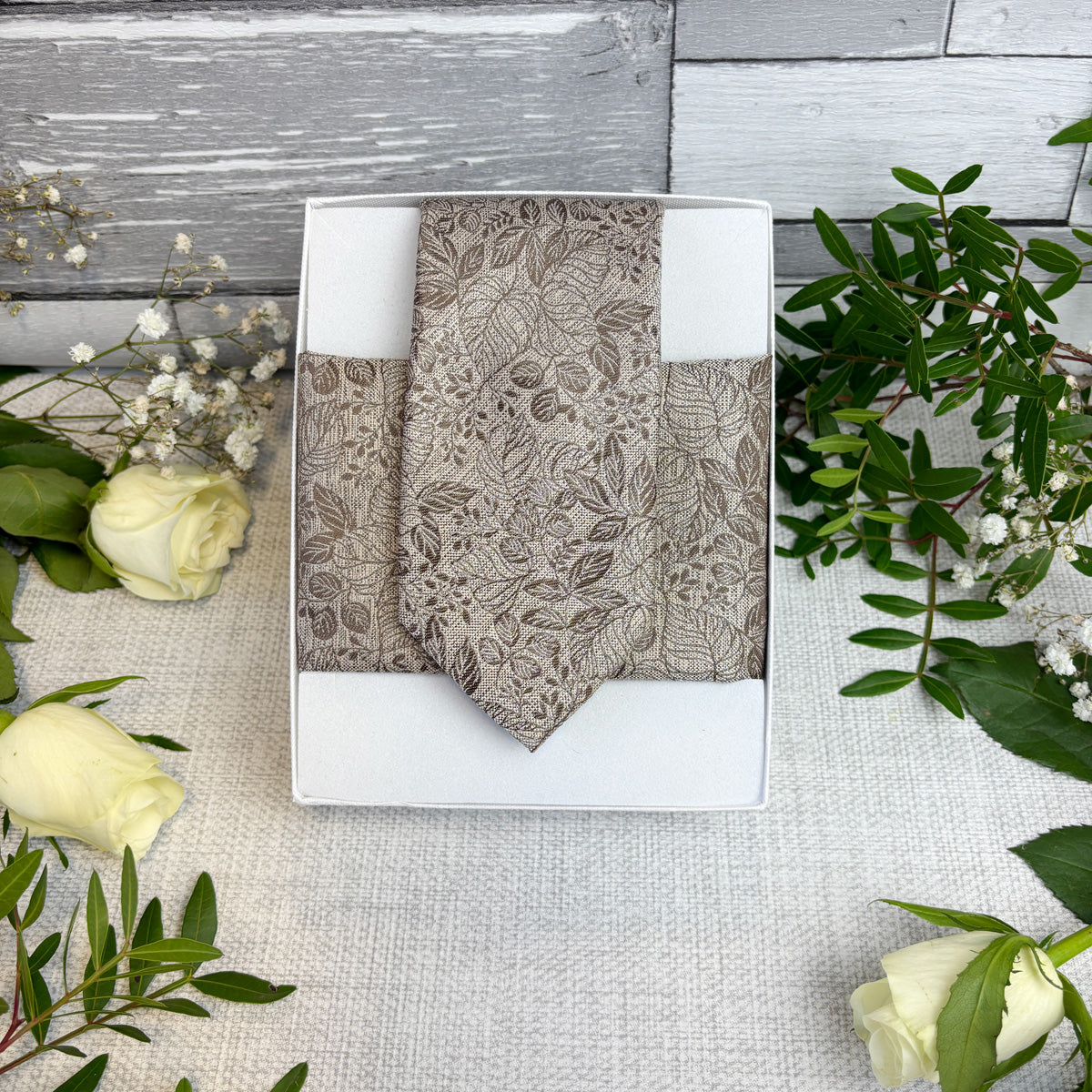 Walnut Woodland Leaves Tie and Matching Pocket Square in a white Presentation box