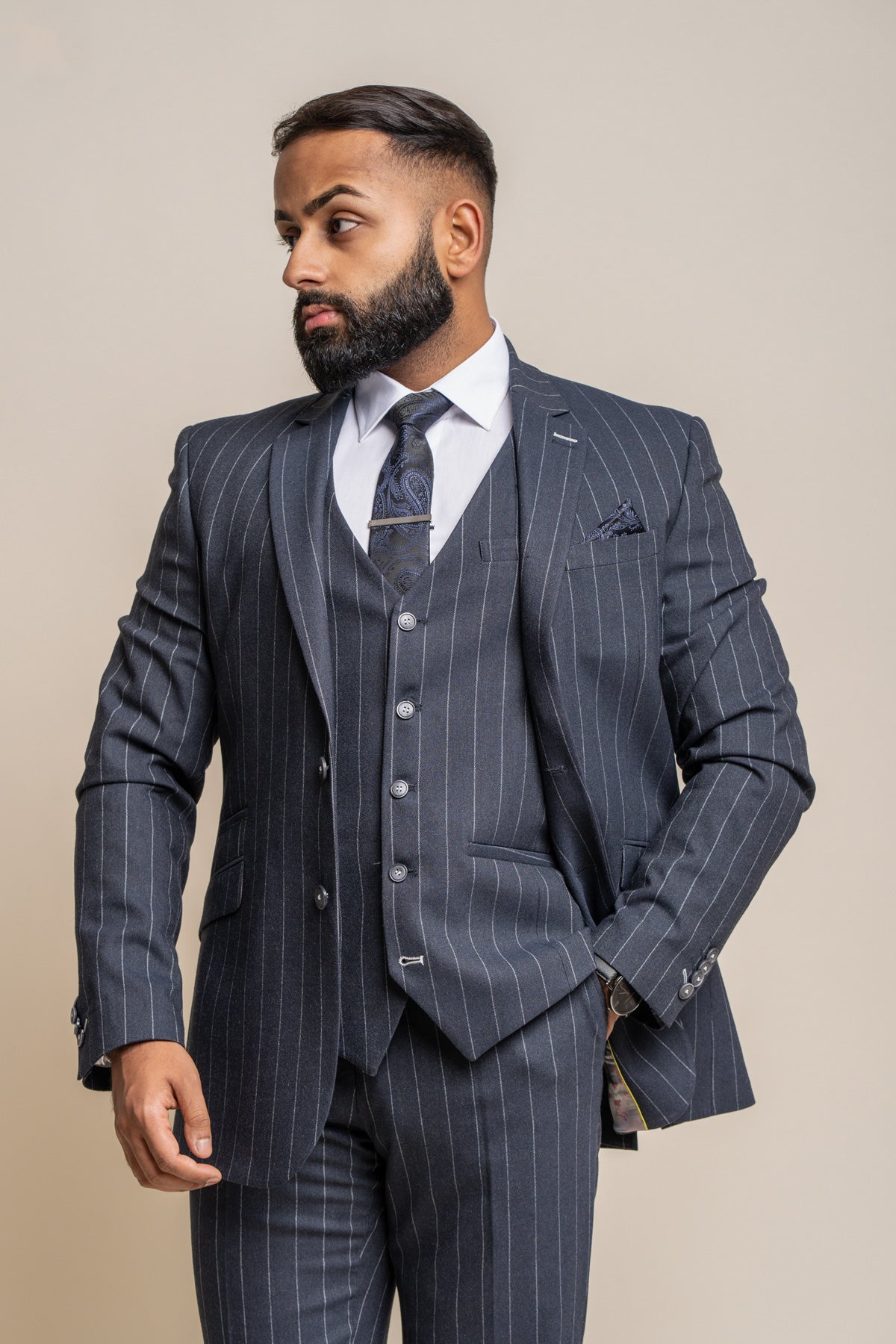 Invincible Navy Pinstripe Suit Swatch - Swatch - - Swagger & Swoon