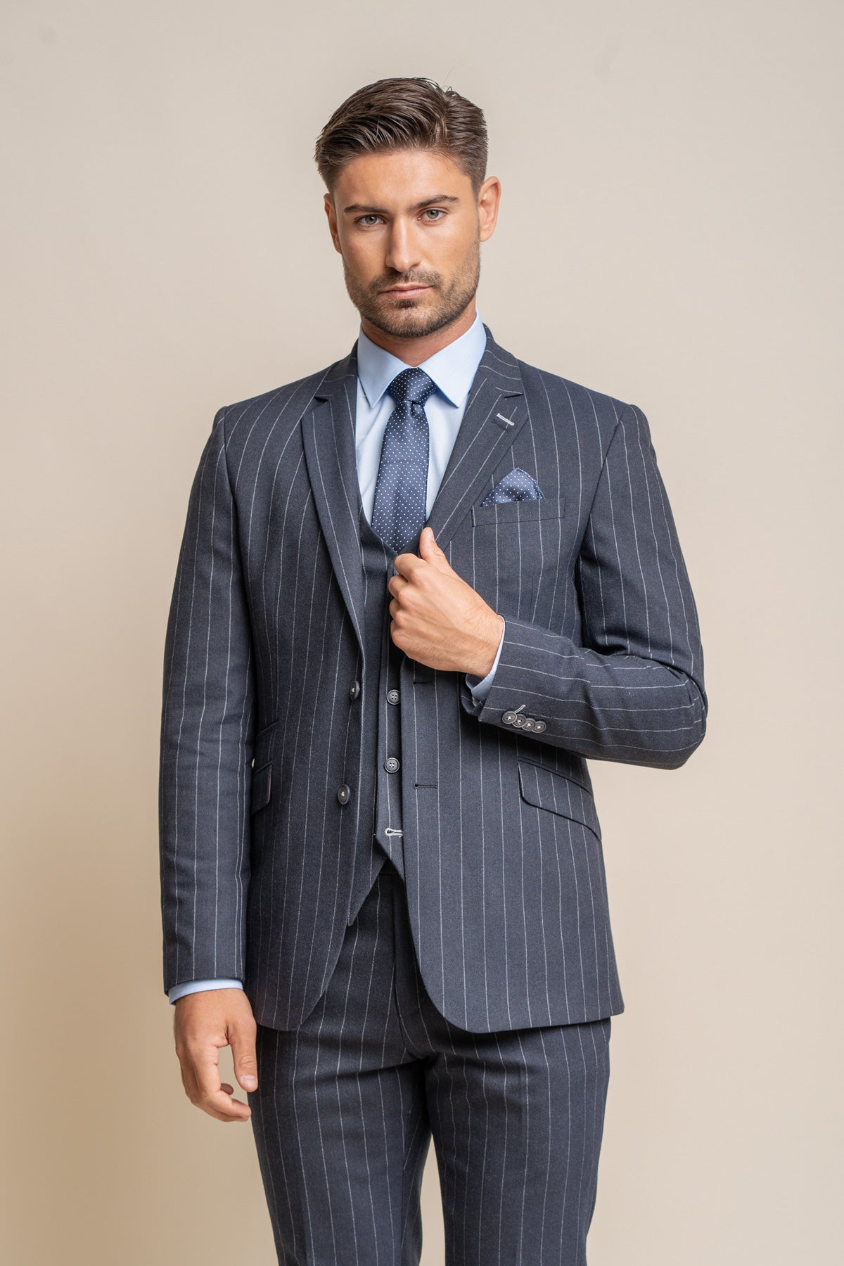 Invincible Navy Pinstripe Suit Swatch - Swatch - - Swagger & Swoon