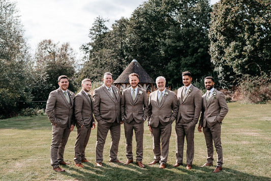 Groomsmen in Brown Tweed Suits and Green Wedding Ties