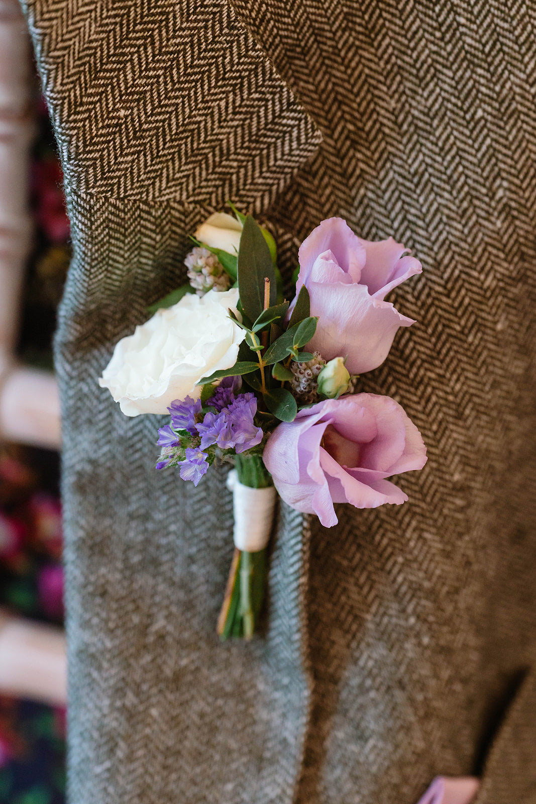 Button Hole - Floral Lapel Pin on Herringbone Tweed Suit