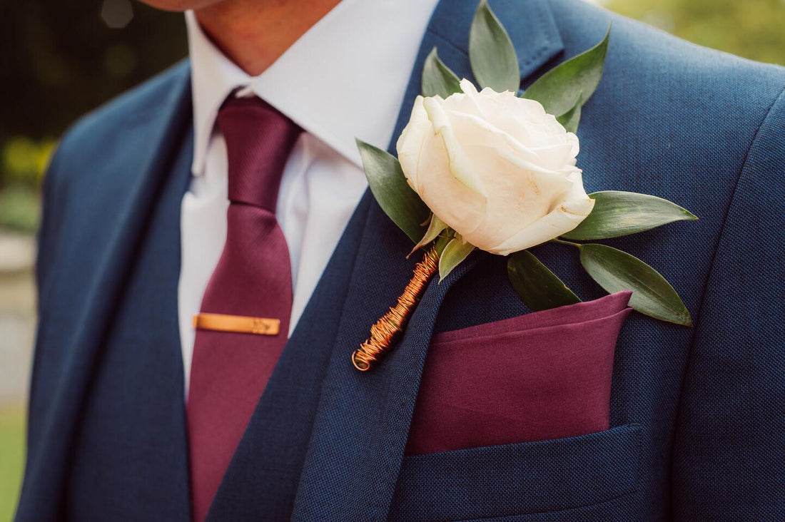Blue Silk Wedding Tie Pocket Square Floral Button Hole