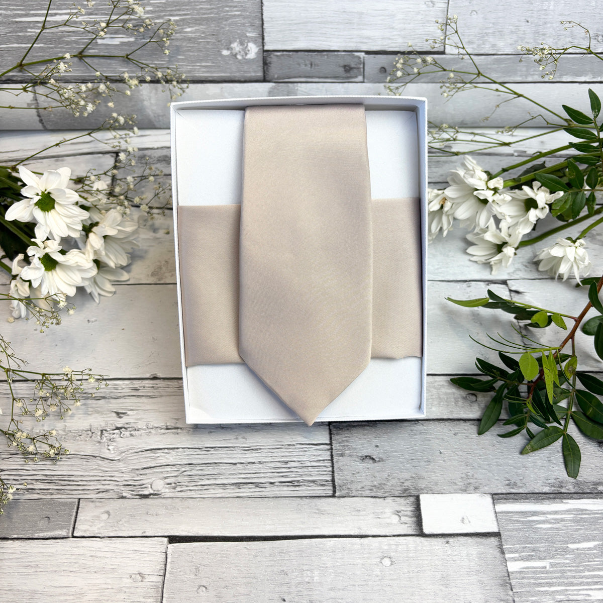 Antique Champagne Tie and Pocket Square in a White Presentation Box