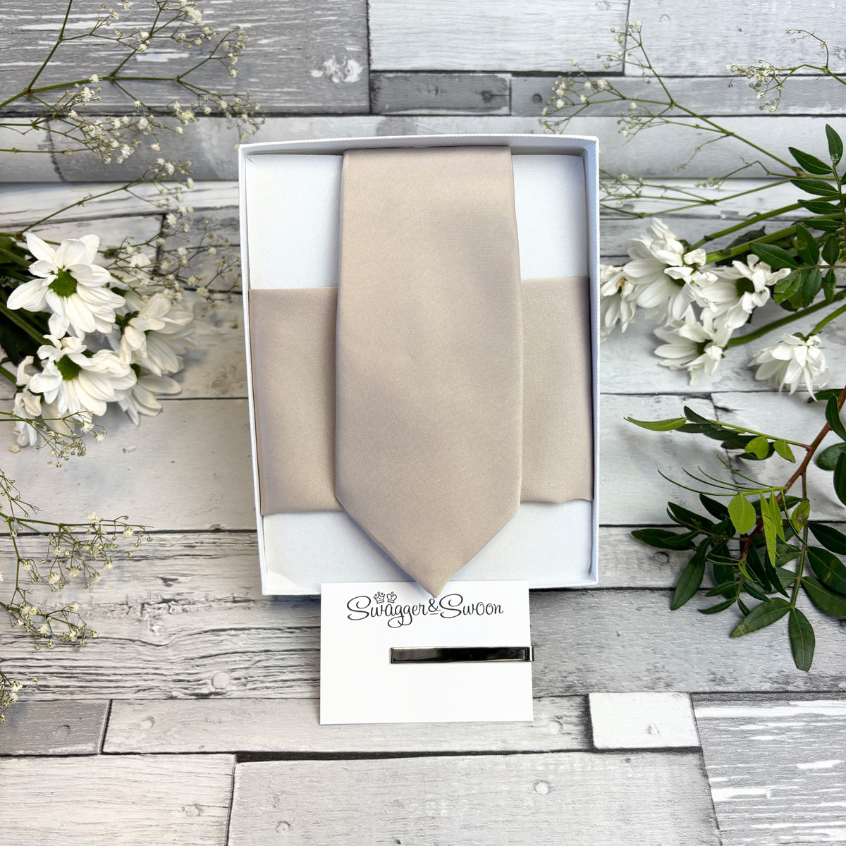 Antique Champagne Tie and Pocket Square in a White Presentation Box with Tie Bar