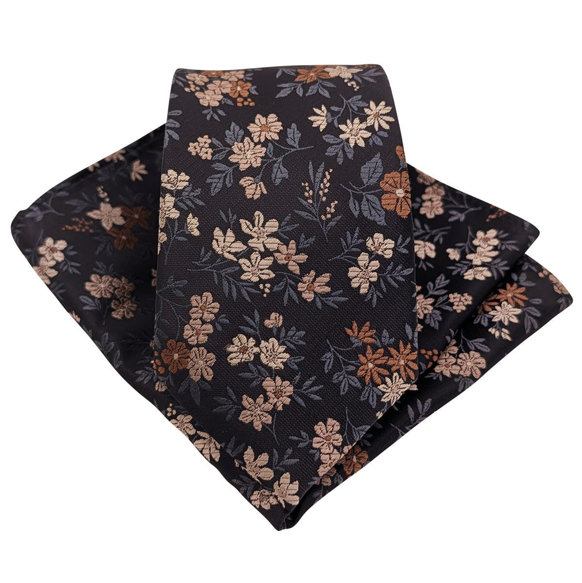 Black & Beige Ditsy Floral Wedding Tie and Pocket Square