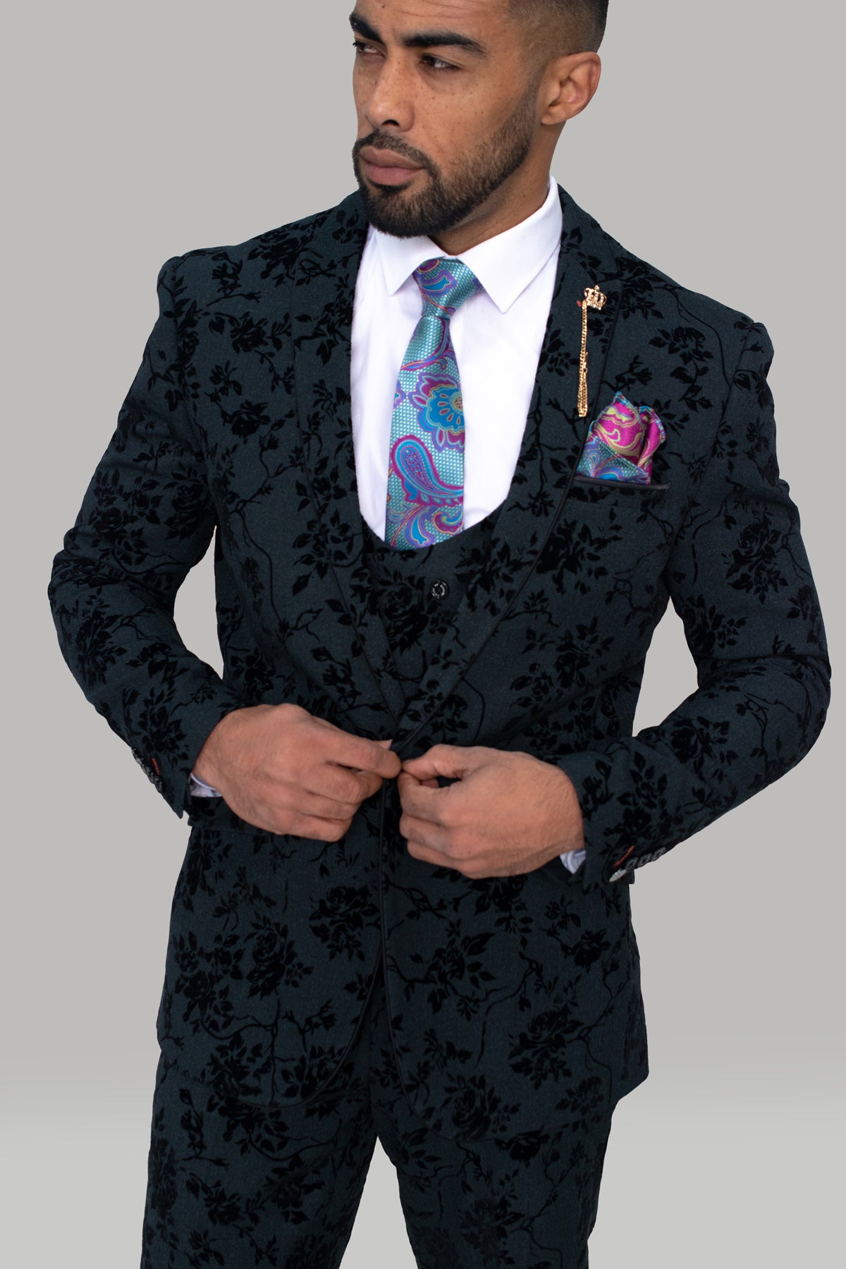 Georgi Black Floral 3 Piece Wedding Suit