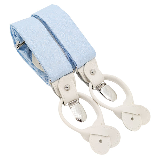 Light blue paisley patterned fabric suspenders with cream-colored leather loops and silver metal clips, shown on a plain white background.