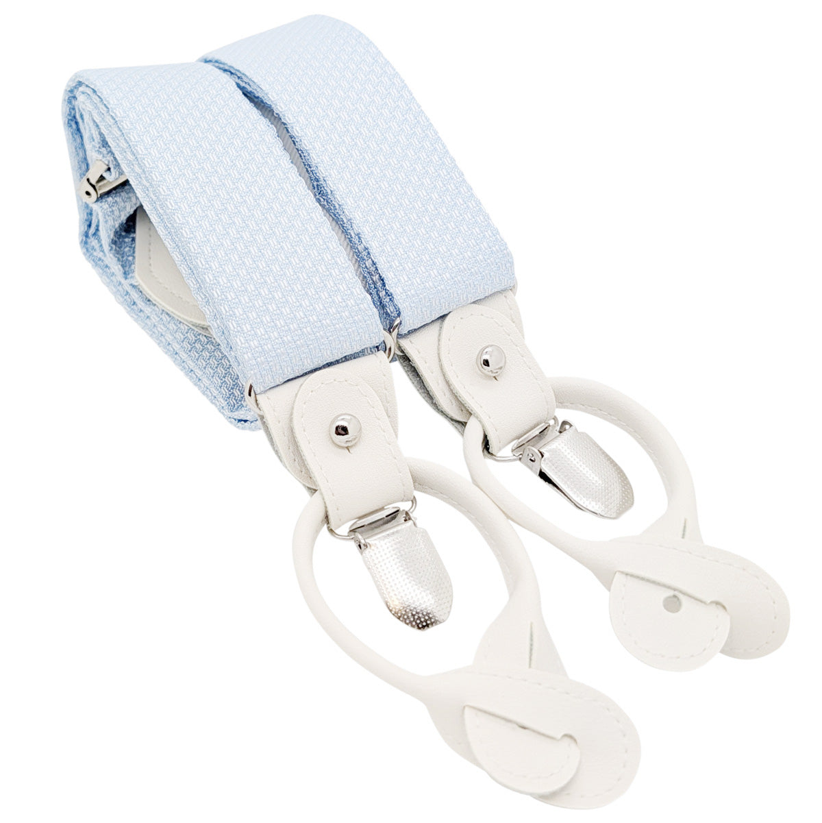 Light blue woven fabric suspenders with white leather loops and silver metal clips, shown on a plain white background.