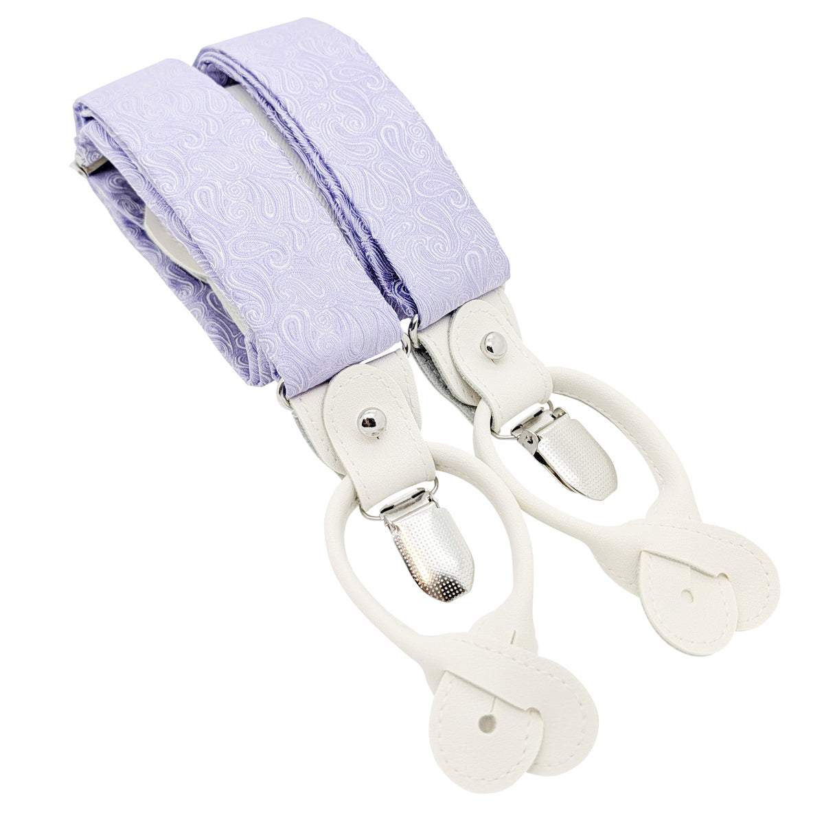 Light purple paisley patterned suspenders with white leather clips and silver metal hardware, shown on a plain white background.