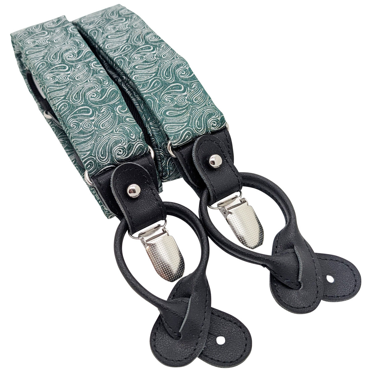 Green paisley patterned suspenders with black leather clips and silver metal hardware, shown on a plain white background.