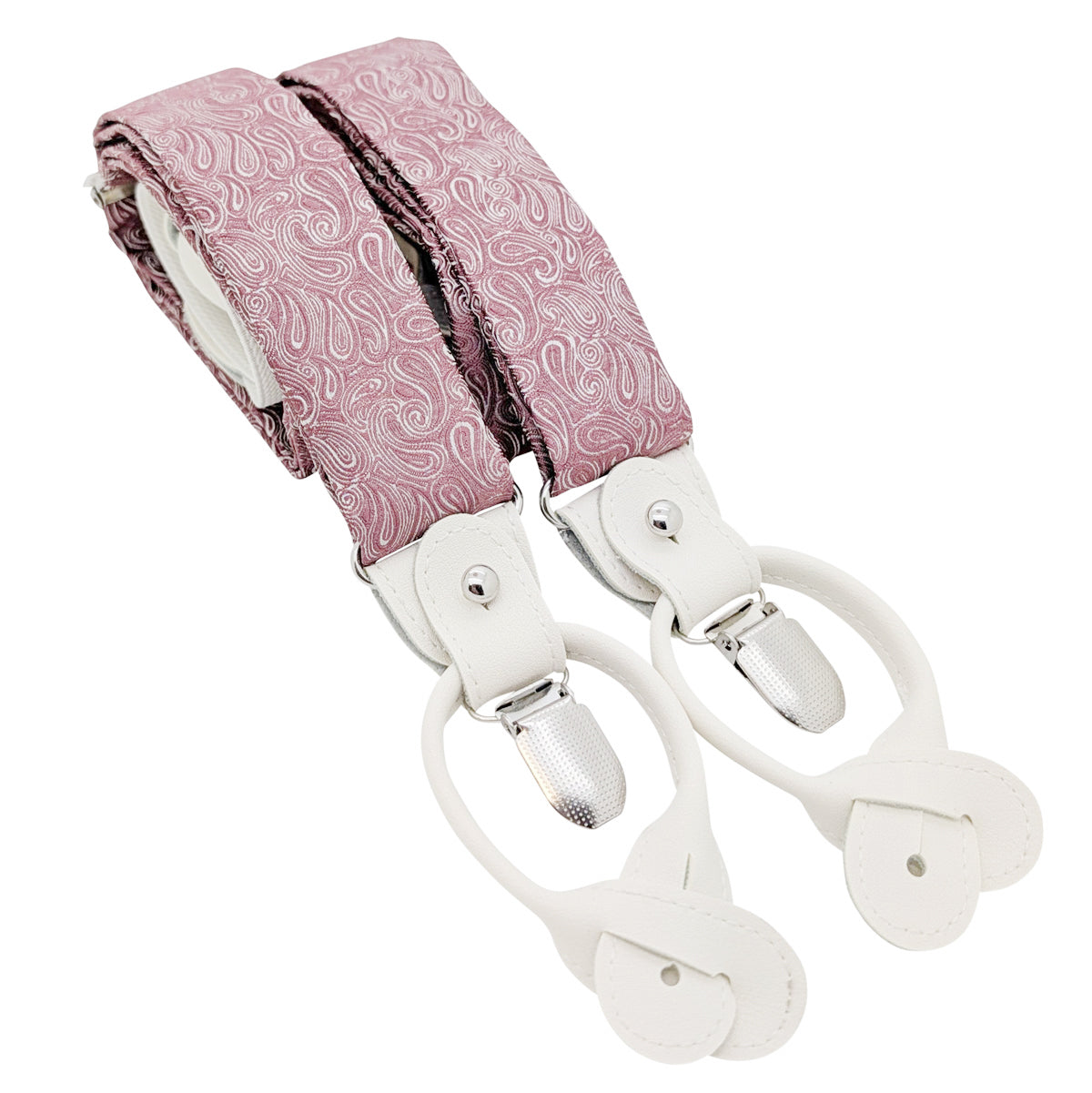 Pink paisley patterned suspenders with silver metal clips and white leather loops, shown on a plain white background.