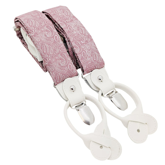 Pink paisley patterned suspenders with silver metal clips and white leather loops, shown on a plain white background.