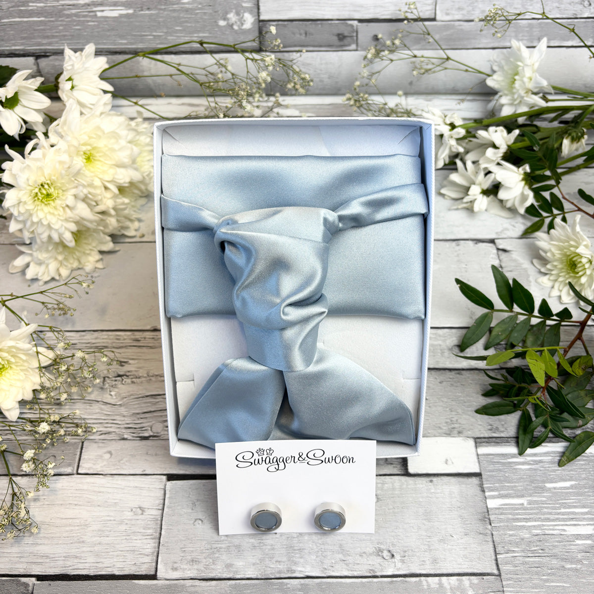 Dusty Blue Cravat and Pocket Square Set in a gift box with cufflinks