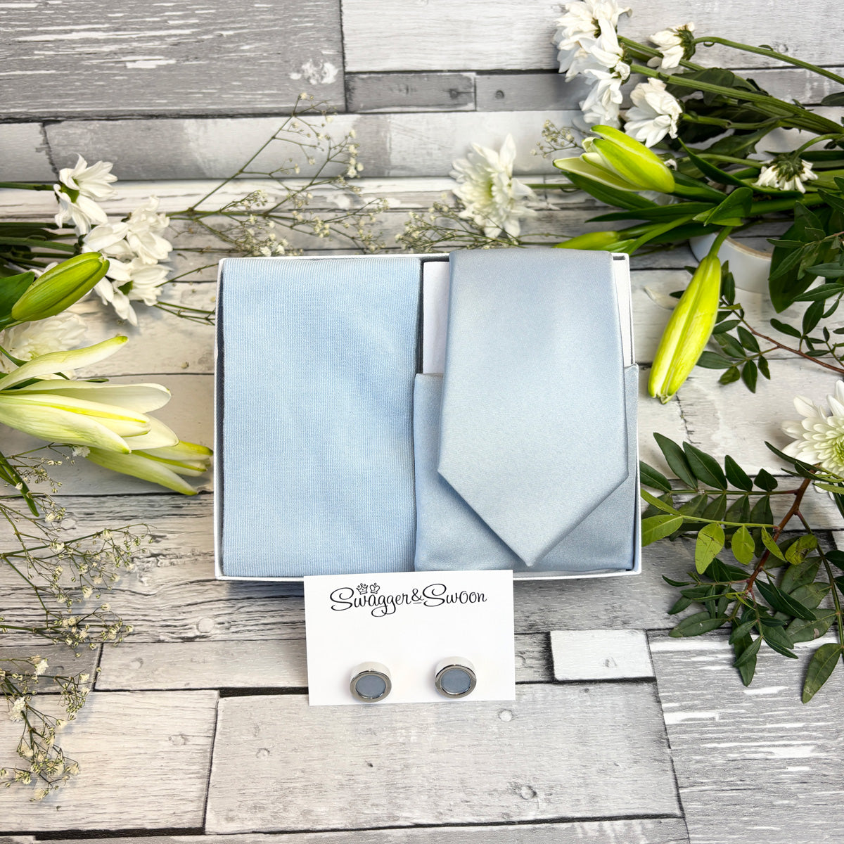 Dusty Blue Tie Pocket Square and socks Set in a gift box with cufflinks