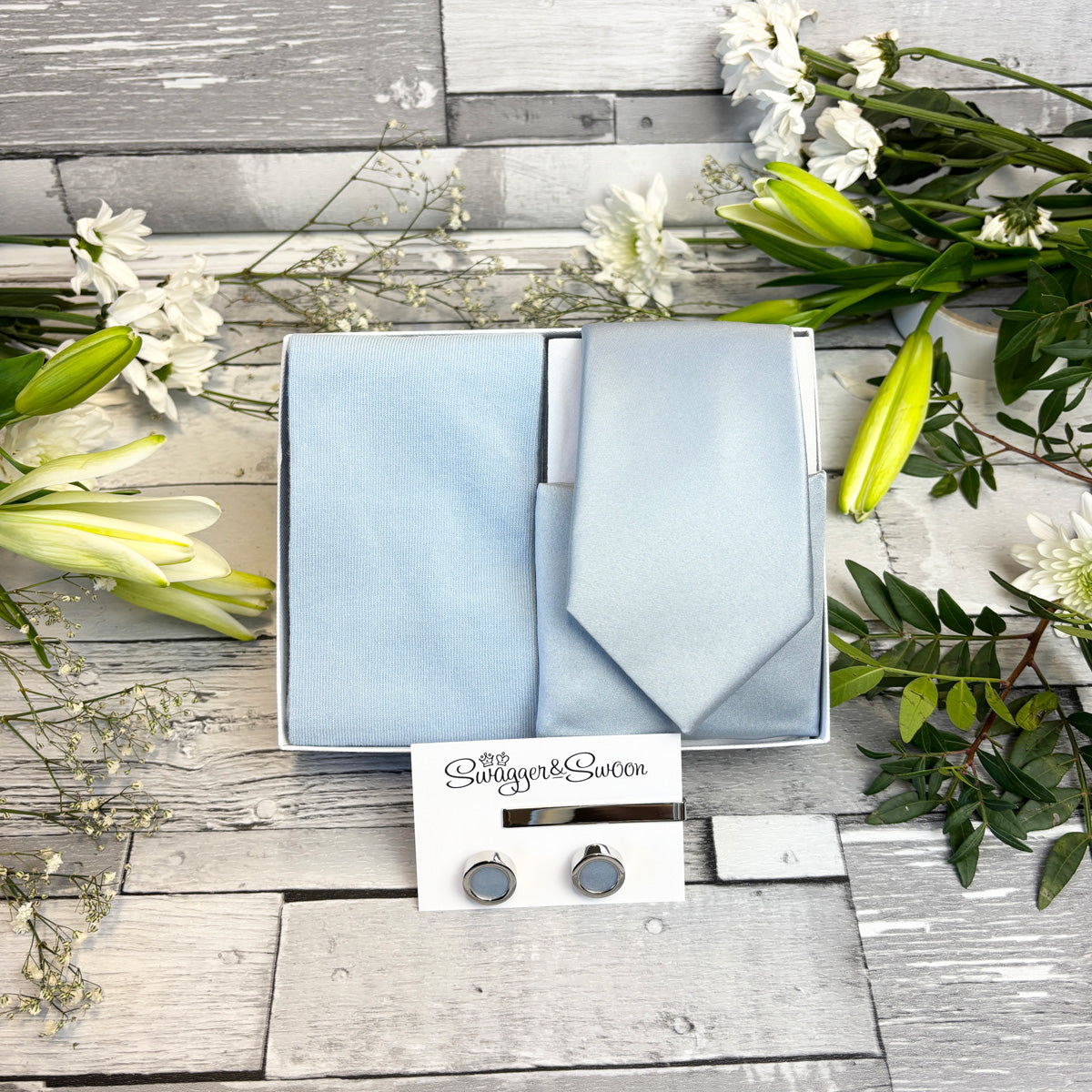 Dusty Blue Tie Pocket Square and socks Set in a gift box with cufflinks and tie bar