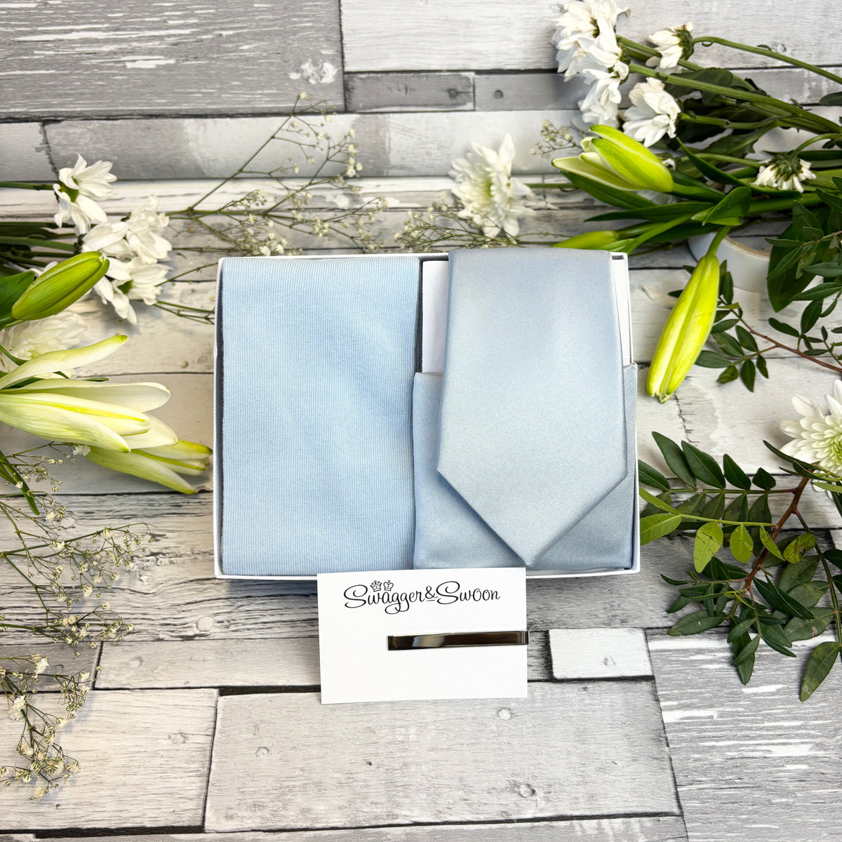 Dusty Blue Tie Pocket Square and socks Set in a gift box with tie bar