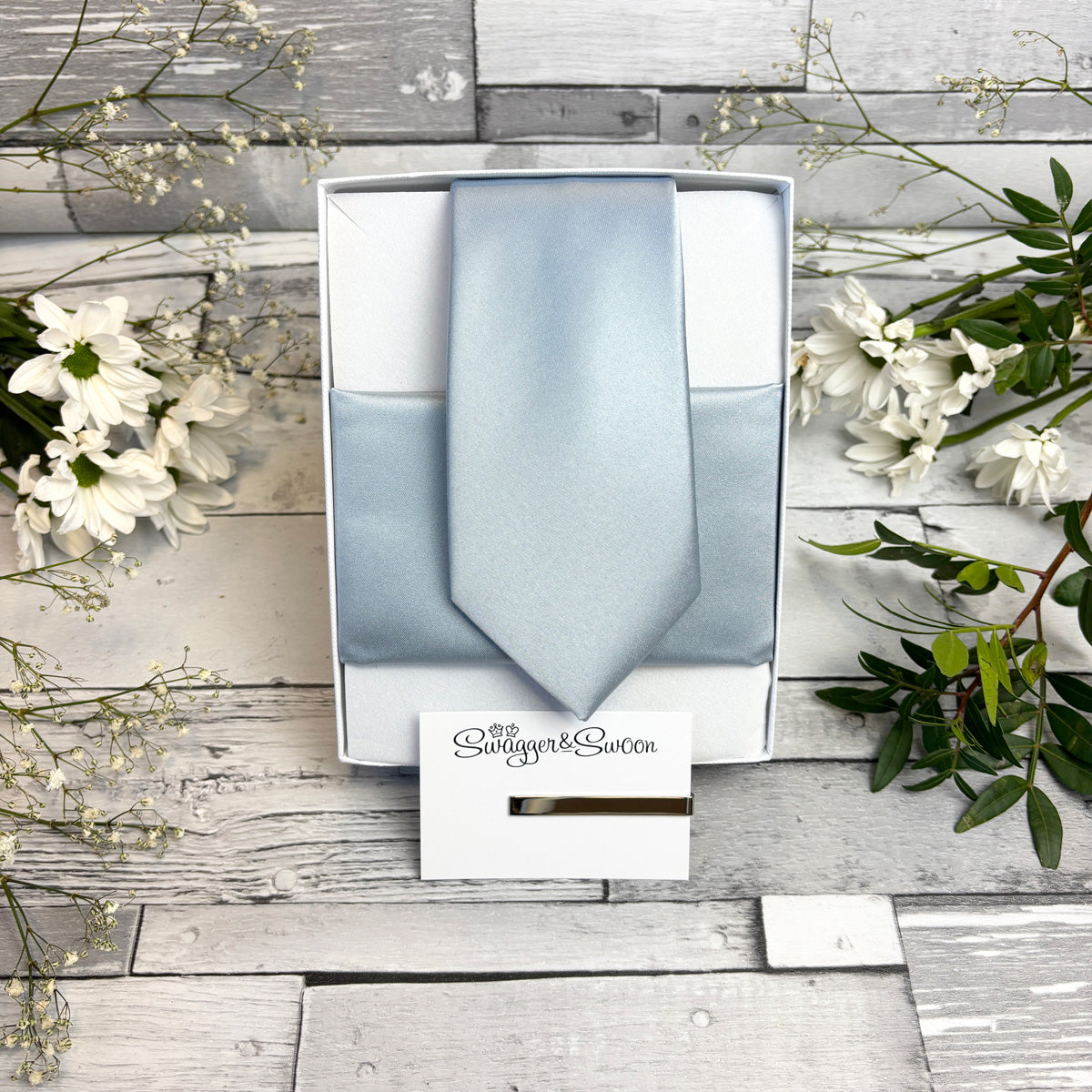 Dusty Blue Tie and Pocket Square Set in a gift box with Tie Bar