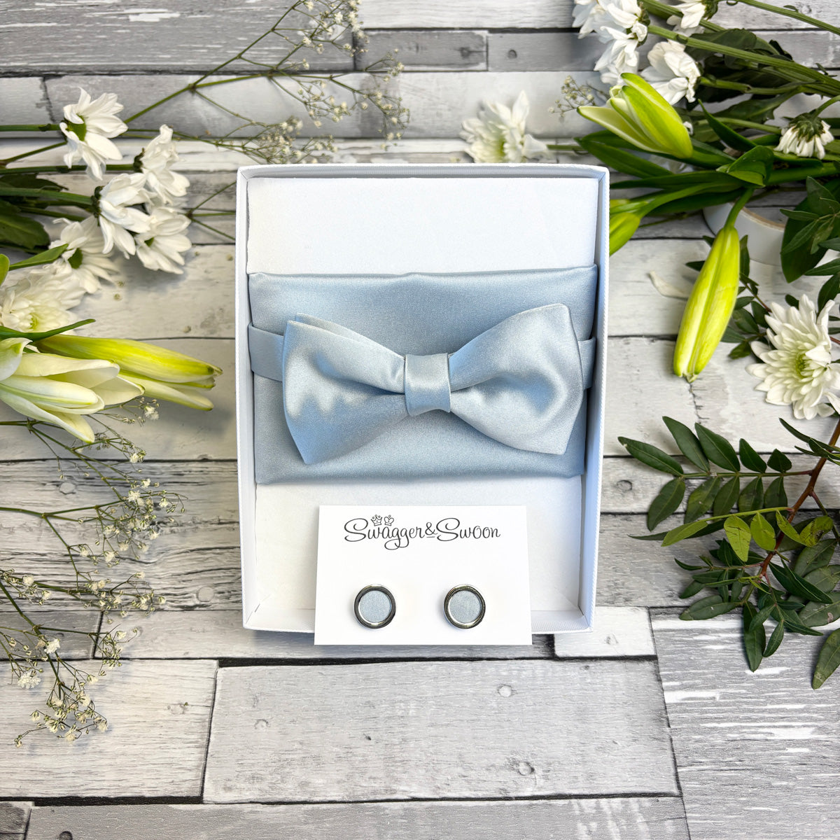 Dusty Blue bow Tie and Pocket Square Set in a gift Box with cufflinks