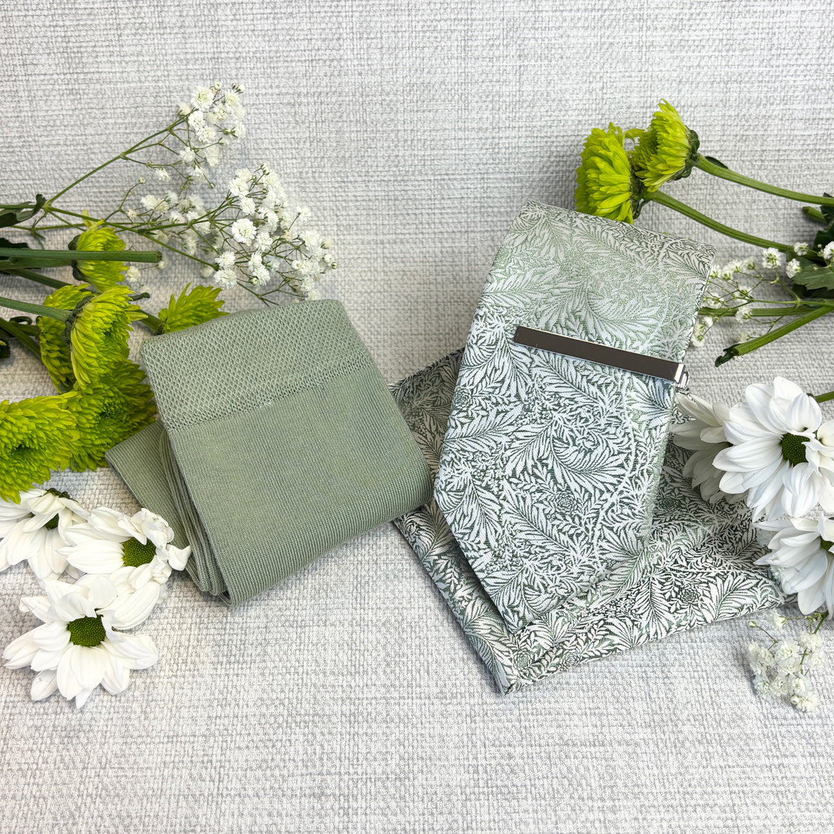 Sage & Silver Leaves Tie & Socks Gift Set
