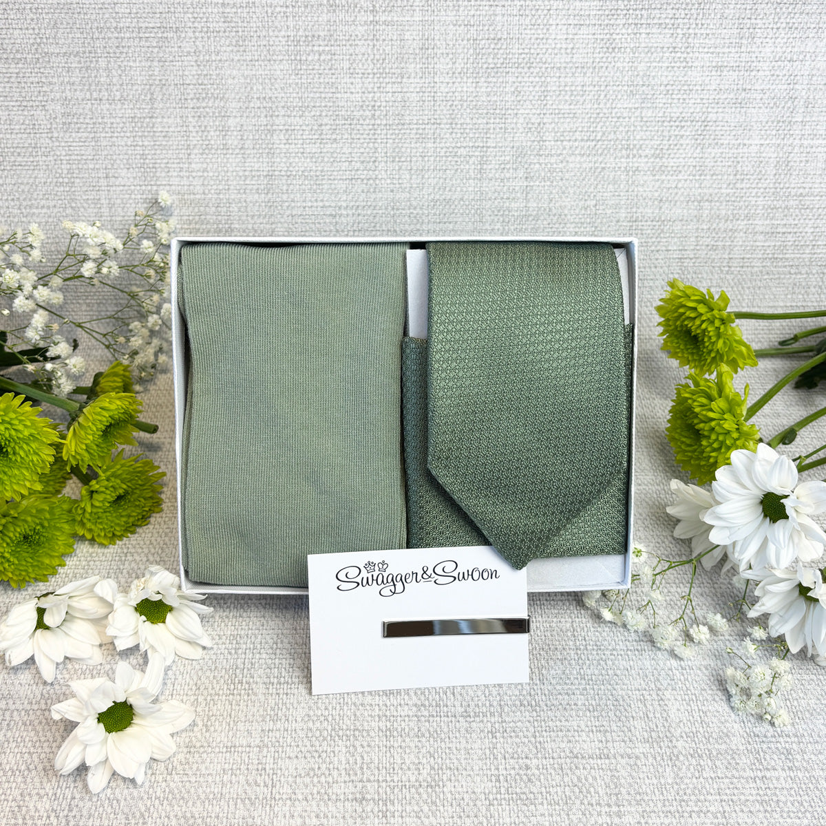 Dark Sage Woven Tie & Socks Gift Set