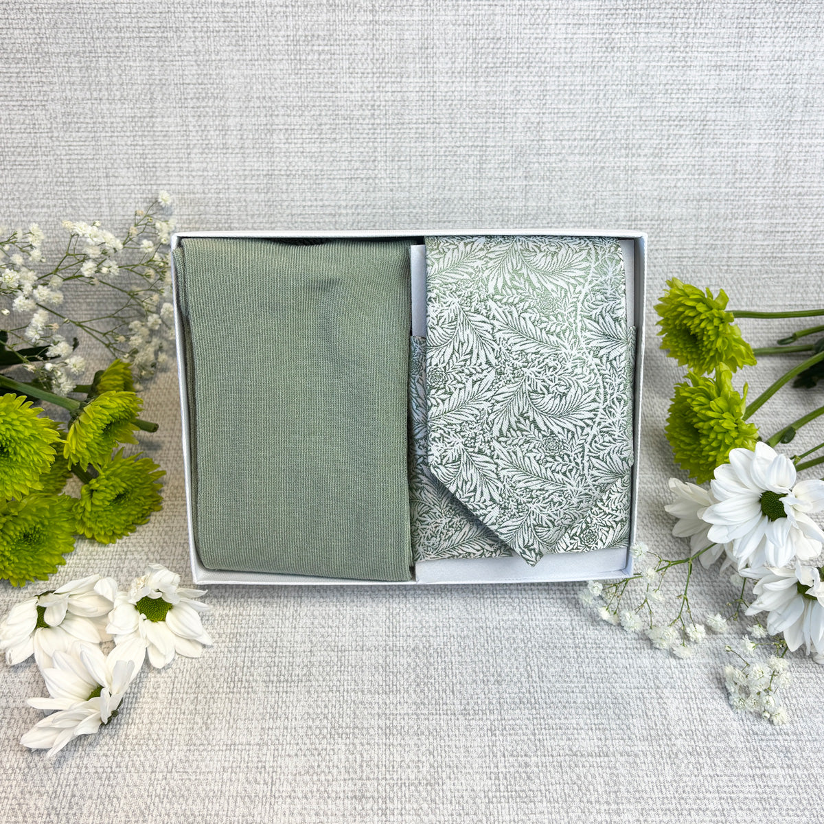 Sage & Silver Leaves Tie & Socks Gift Set