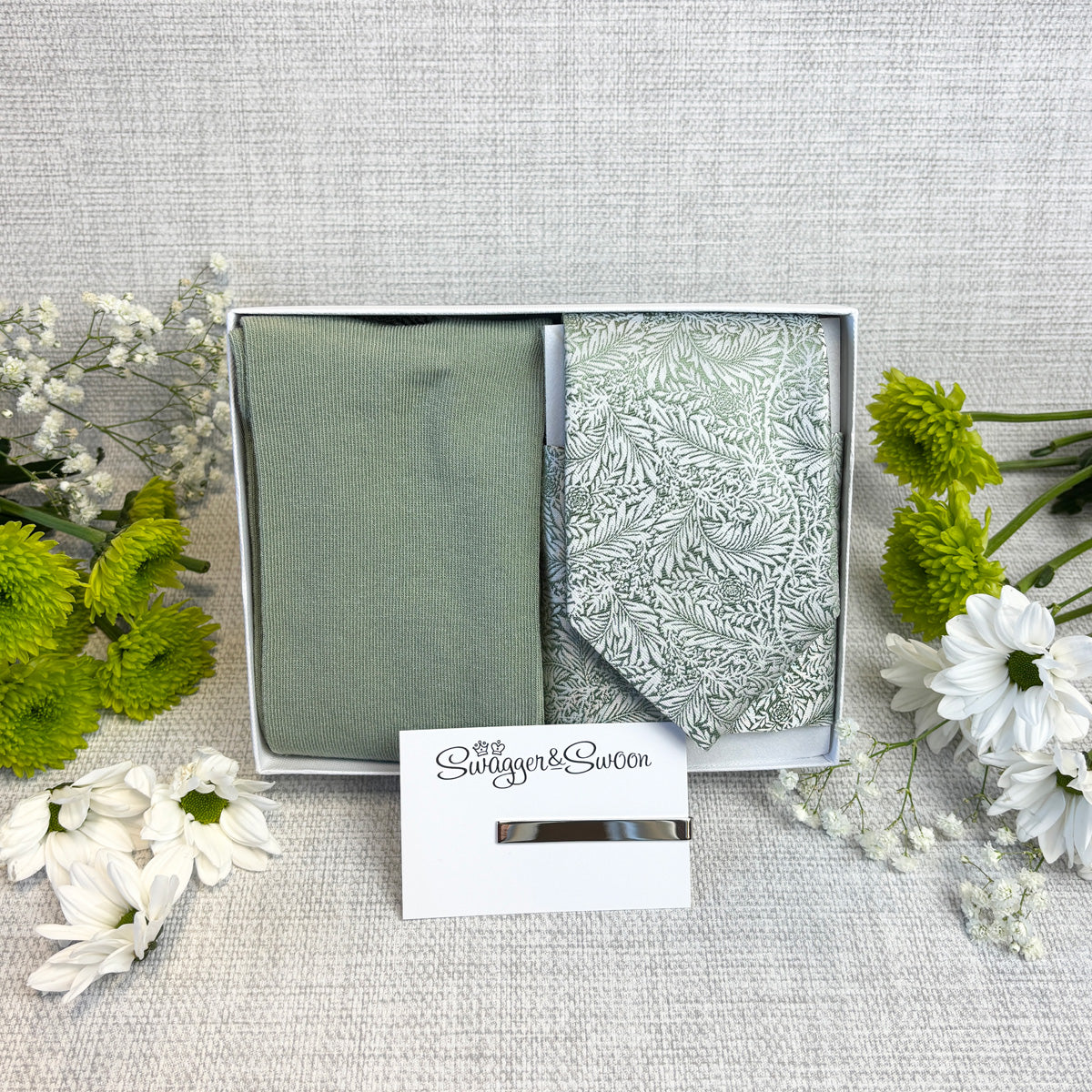 Sage & Silver Leaves Tie & Socks Gift Set