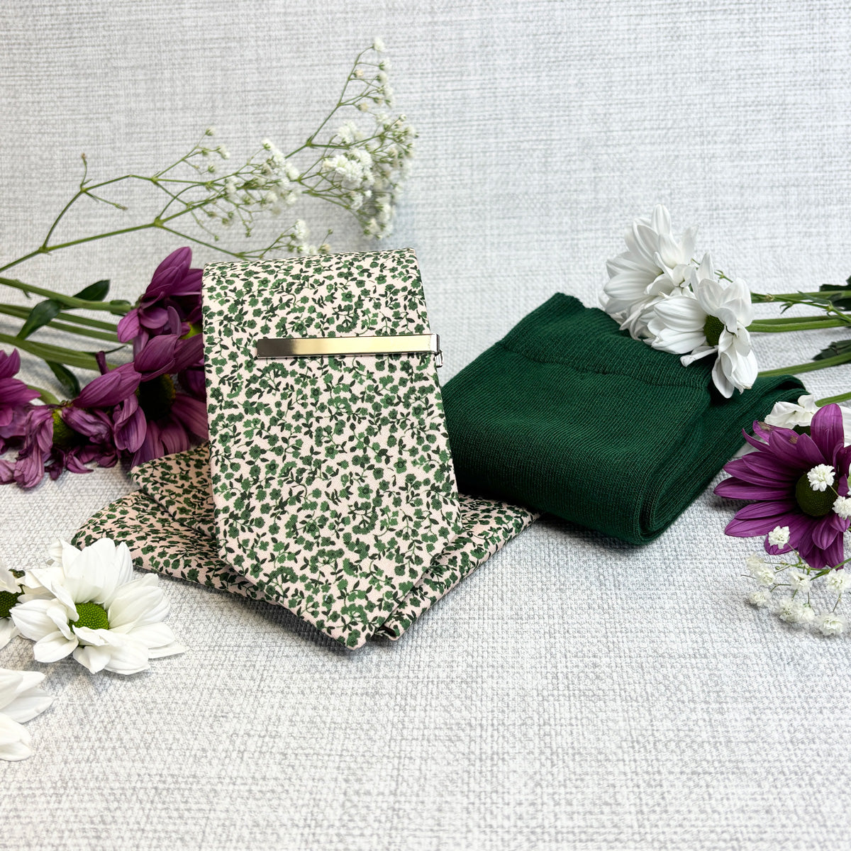 Emerald Floral Cotton Tie & Socks Gift Set