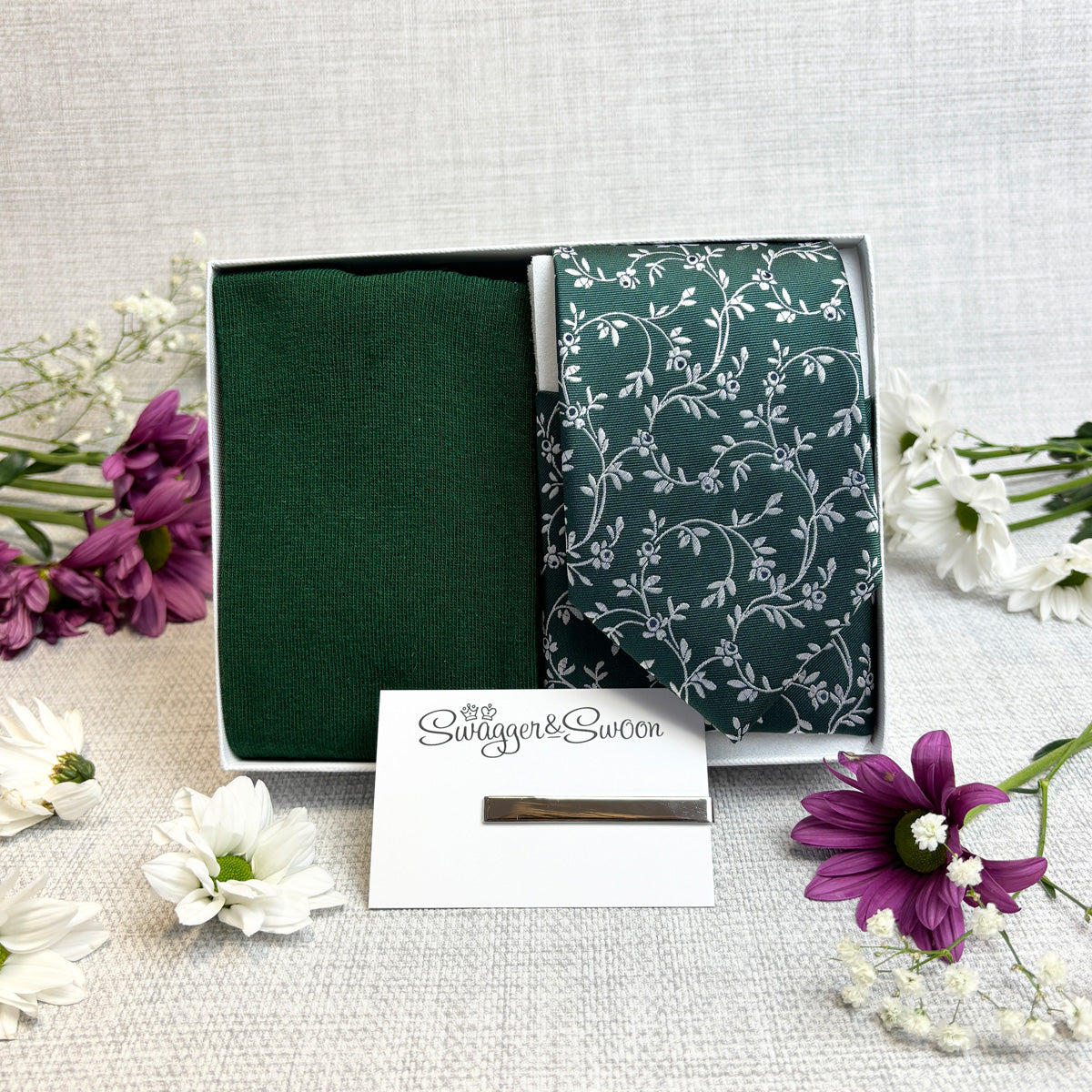 Dark Green Leaves Tie & Socks Gift Set