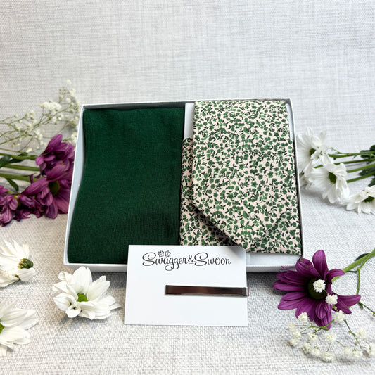 Emerald Floral Cotton Tie & Socks Gift Set