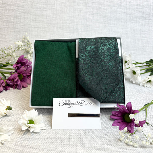 Dark Green Woodland Leaves Tie & Socks Gift Set