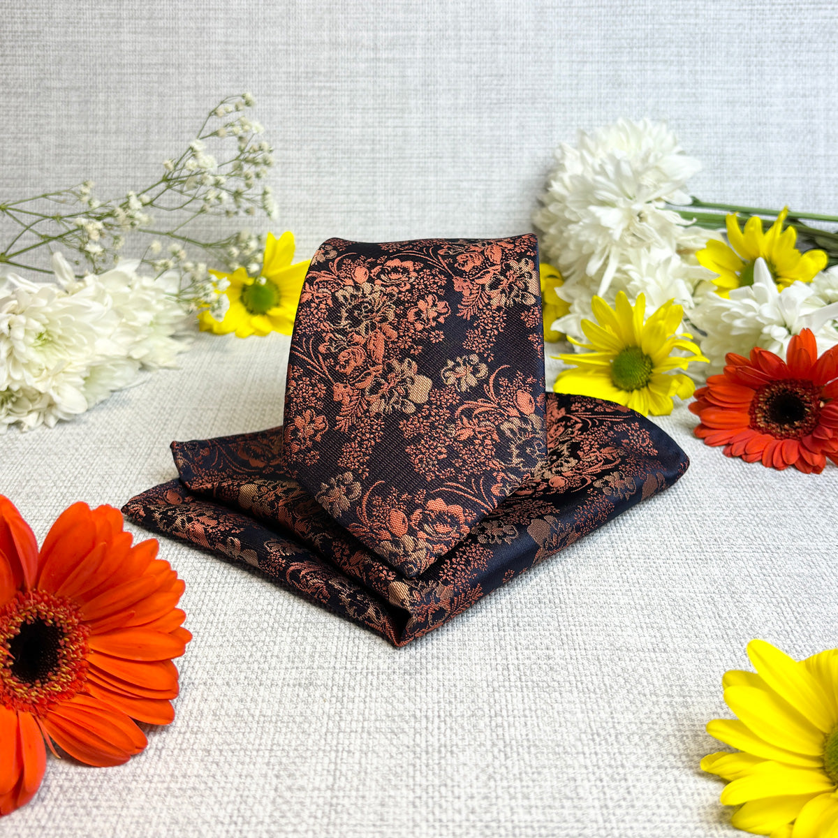 Navy & Orange Floral Tie & Socks Gift Set