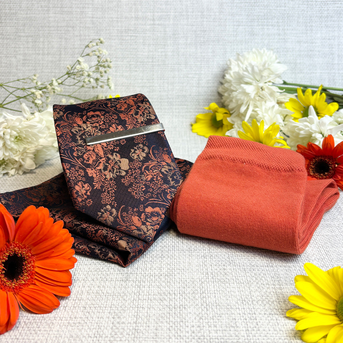 Navy & Orange Floral Tie & Socks Gift Set