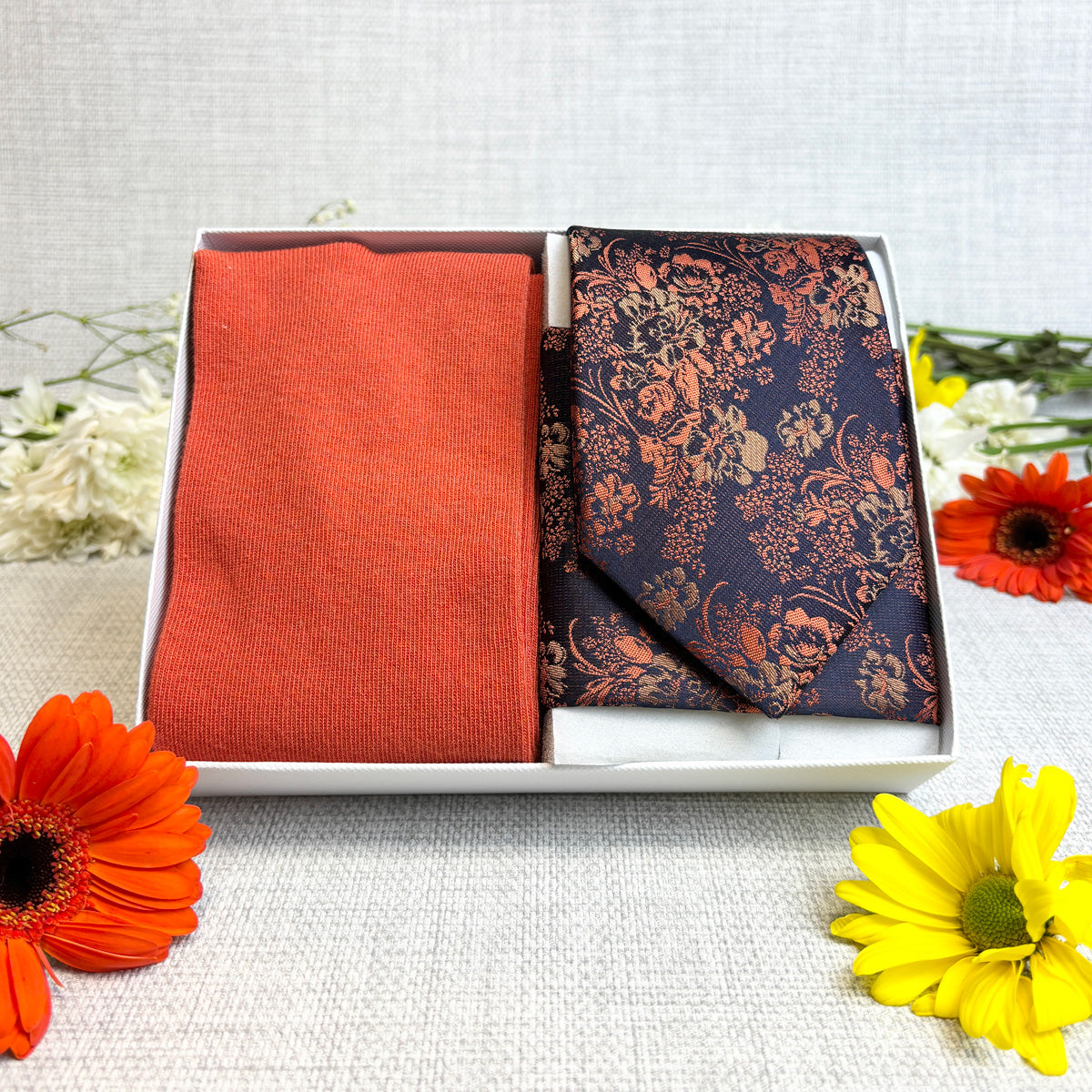 Navy & Orange Floral Tie & Socks Gift Set