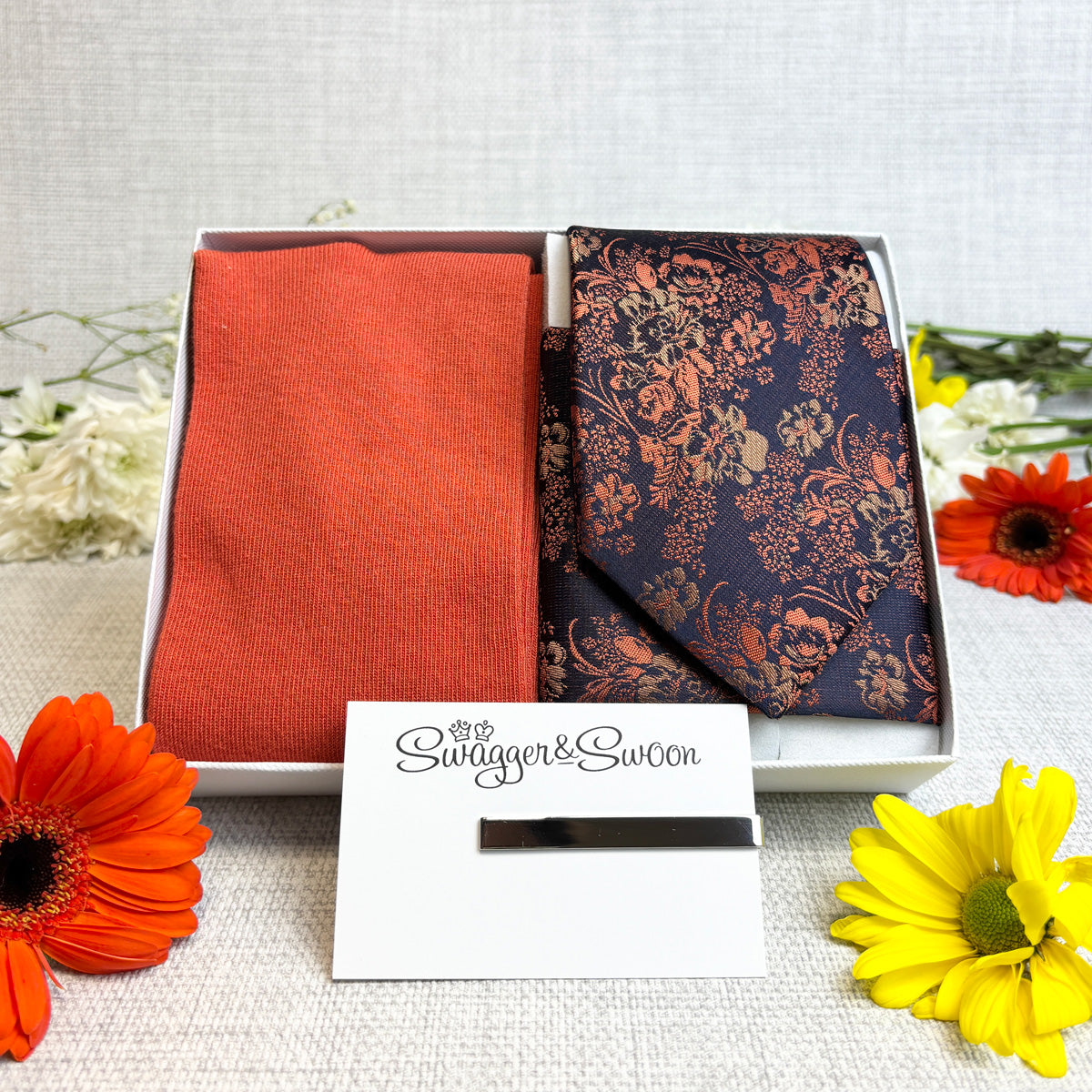 Navy & Orange Floral Tie & Socks Gift Set
