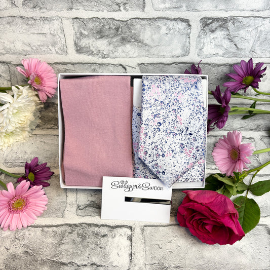 Pink & Silver Ditsy Floral Tie & Socks Gift Set