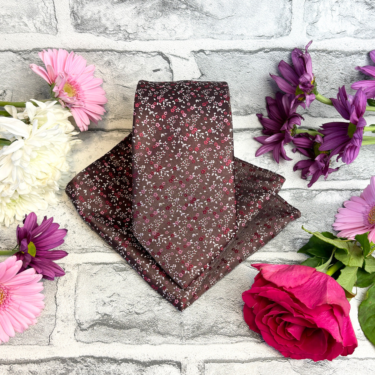 Brown & Pink Ditsy Floral Tie & Socks Gift Set