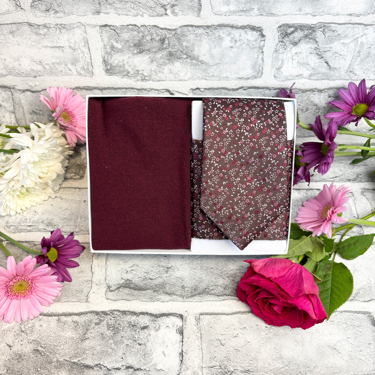 Brown & Pink Ditsy Floral Tie & Socks Gift Set