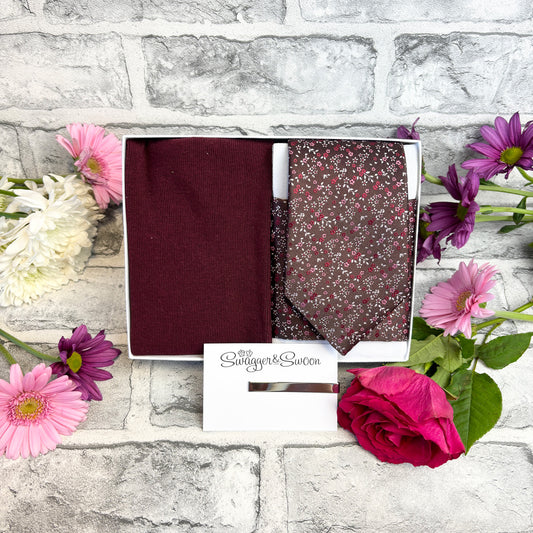 Brown & Pink Ditsy Floral Tie & Socks Gift Set