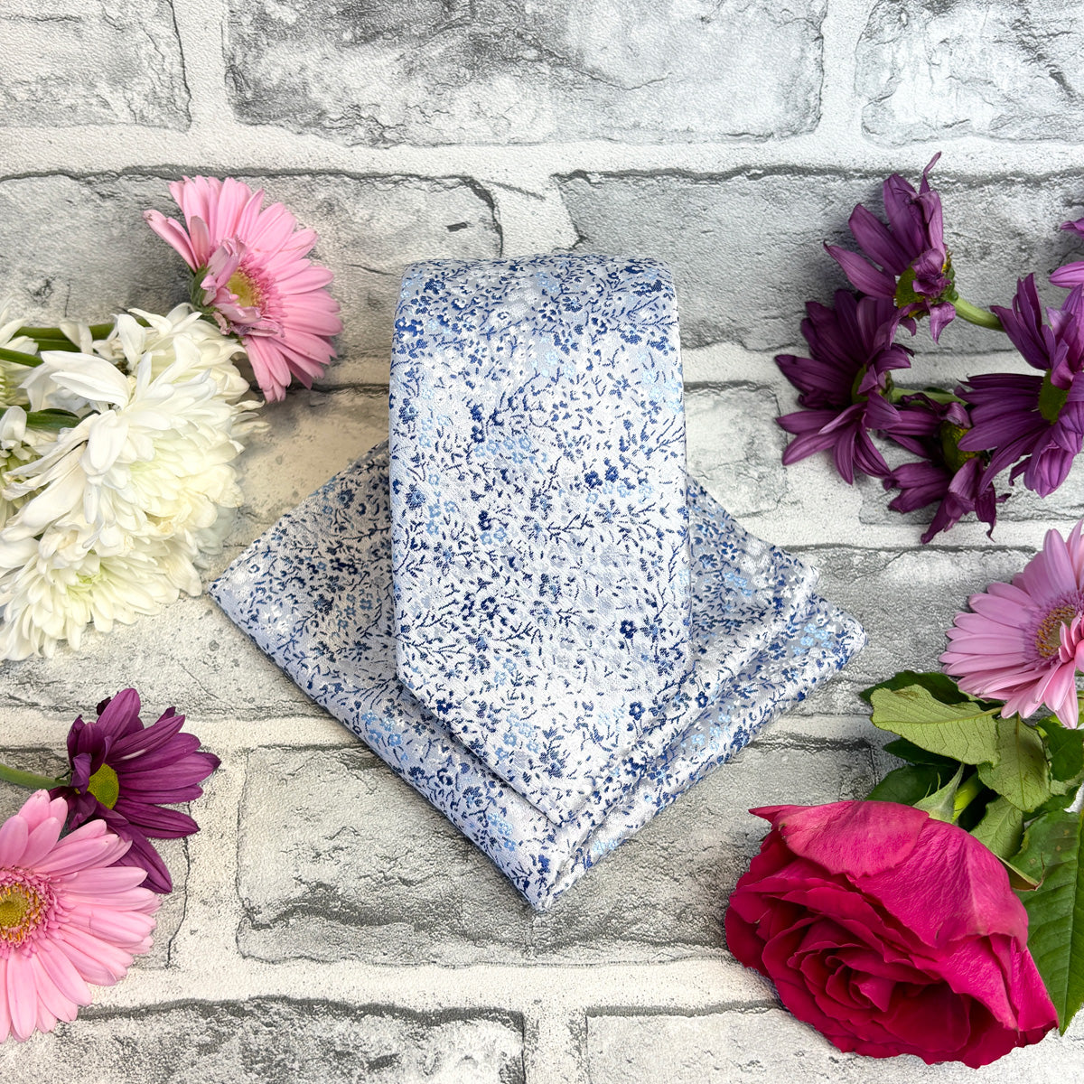 Blue & Silver Ditsy Floral Tie & Socks Gift Set
