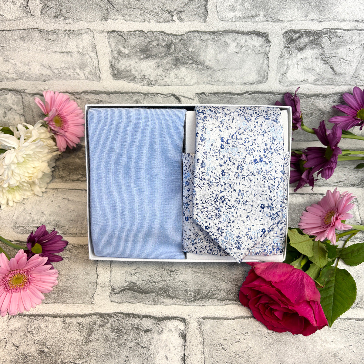 Blue & Silver Ditsy Floral Tie & Socks Gift Set