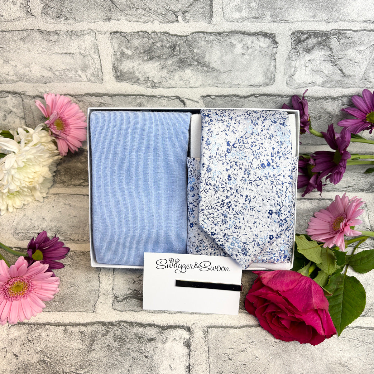 Blue & Silver Ditsy Floral Tie & Socks Gift Set