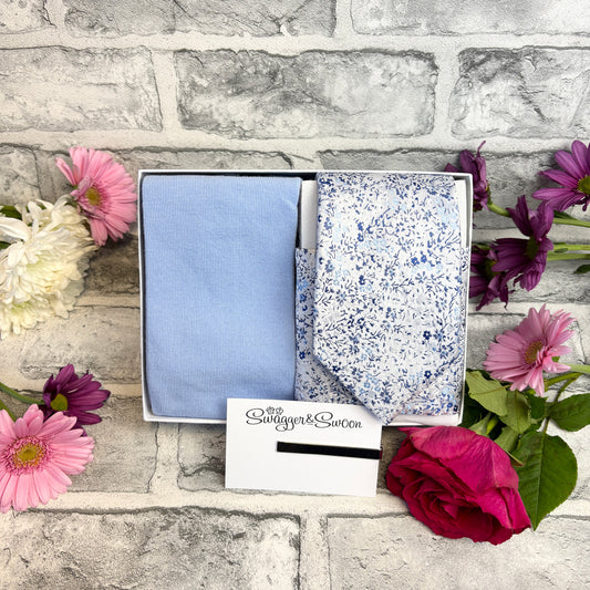 Blue & Silver Ditsy Floral Tie & Socks Gift Set