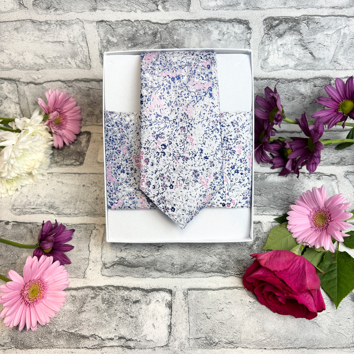 Pink & Silver Ditsy Floral Pocket Square