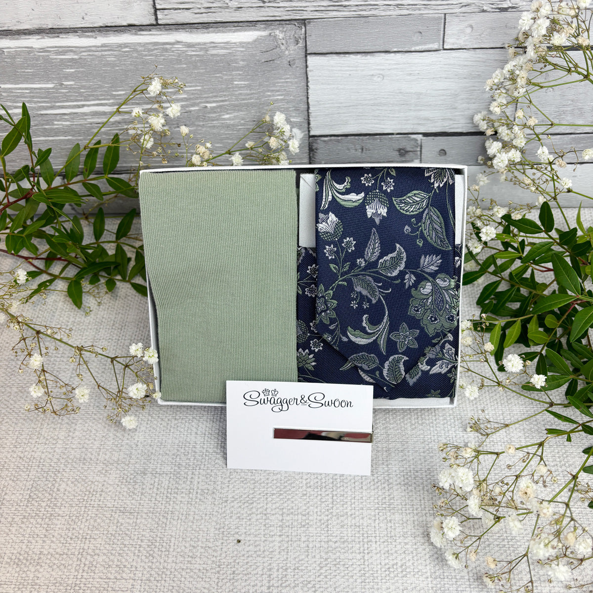 Wild Sage Damask Tie & Socks Gift Set